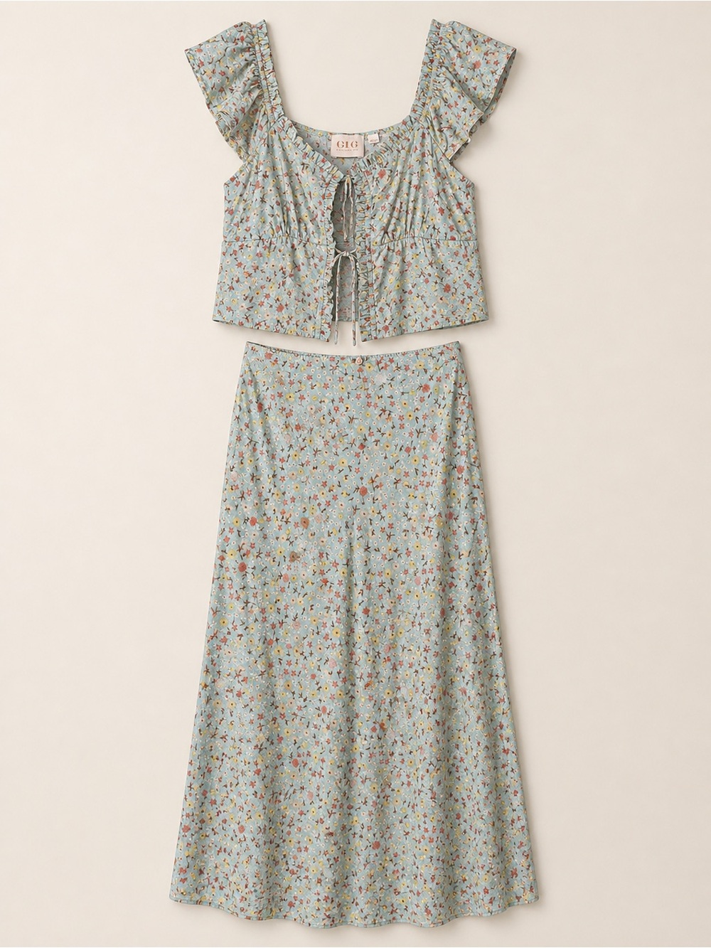 Vintage 90s GLG Blue Ditsy Floral 2 Piece Set Tie Front Crop Top Skirt S
